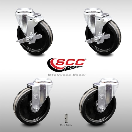 Service Caster 5 Inch SS Phenolic Wheel Swivel Bolt Hole Caster Set with 2 Brake SCC-SSBH20S514-PHS-2-TLB-2